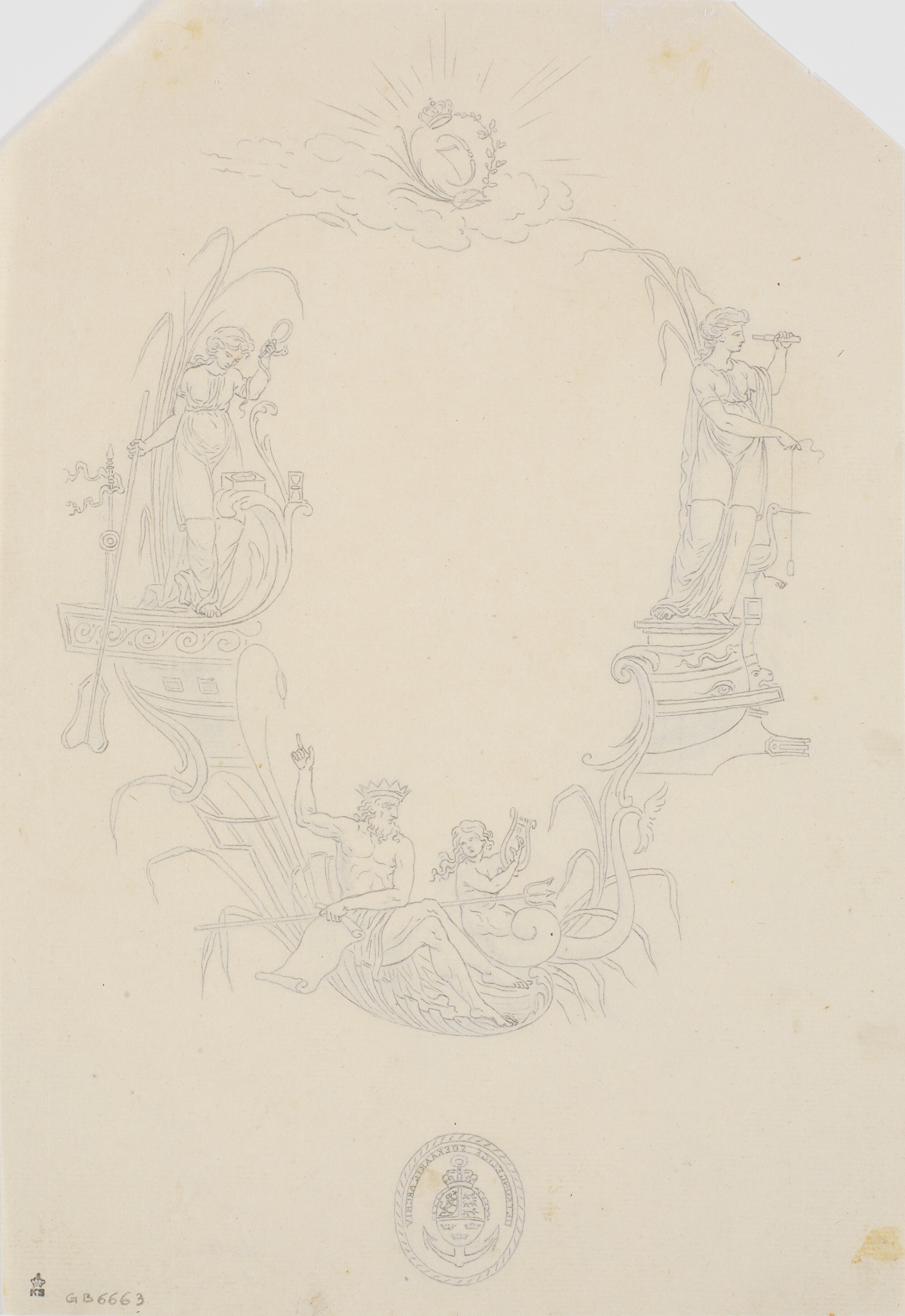 Titelvignet til et søkort: "Pass Kaart over Kattegatet"